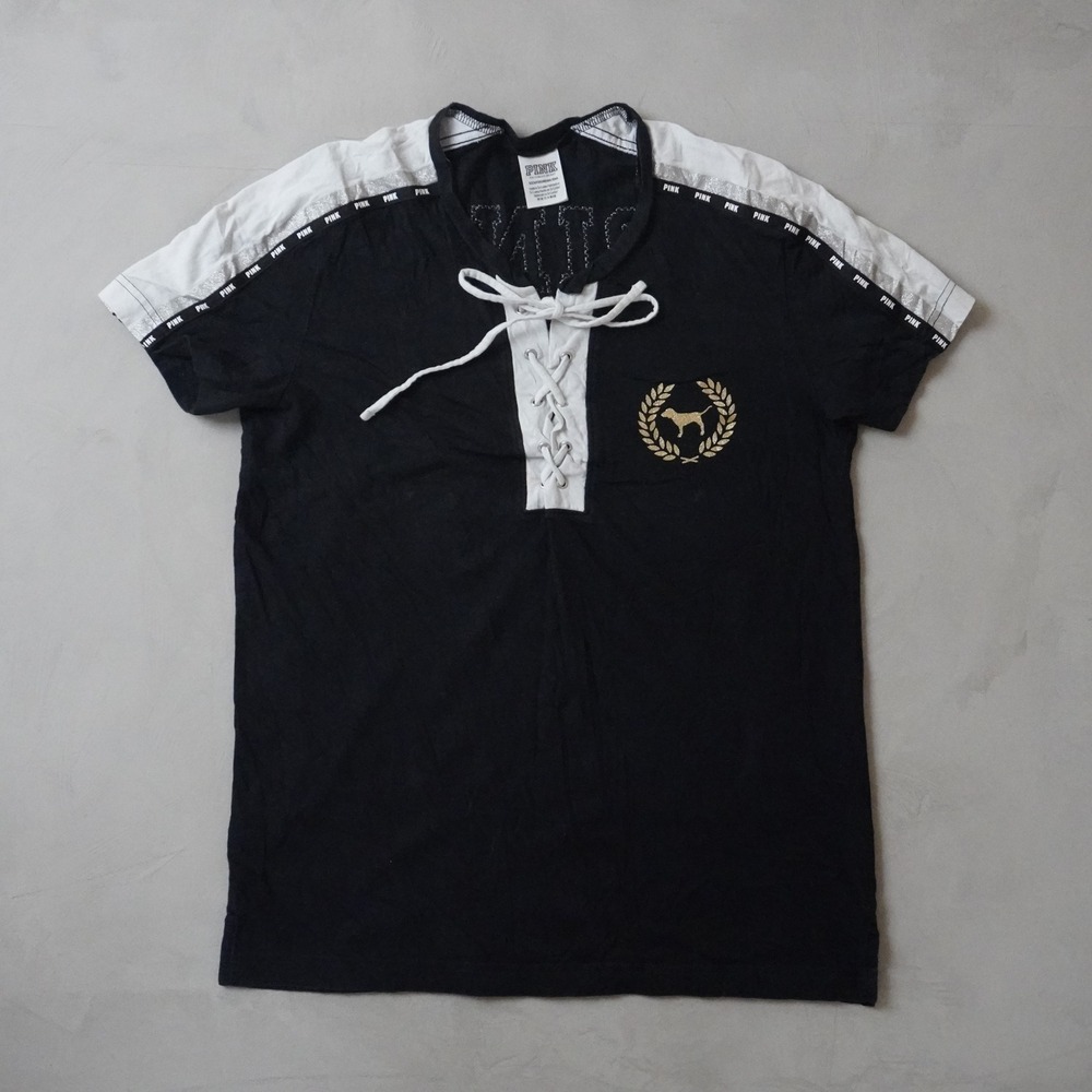 Victoria's Secret PINK Lace Up T-Shirt XS Womens Black Sequin 86 Logo Y2K Top